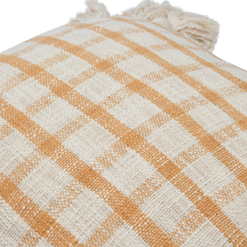 Mustard and Cream Plaid Cotton Pillow with Tassels
