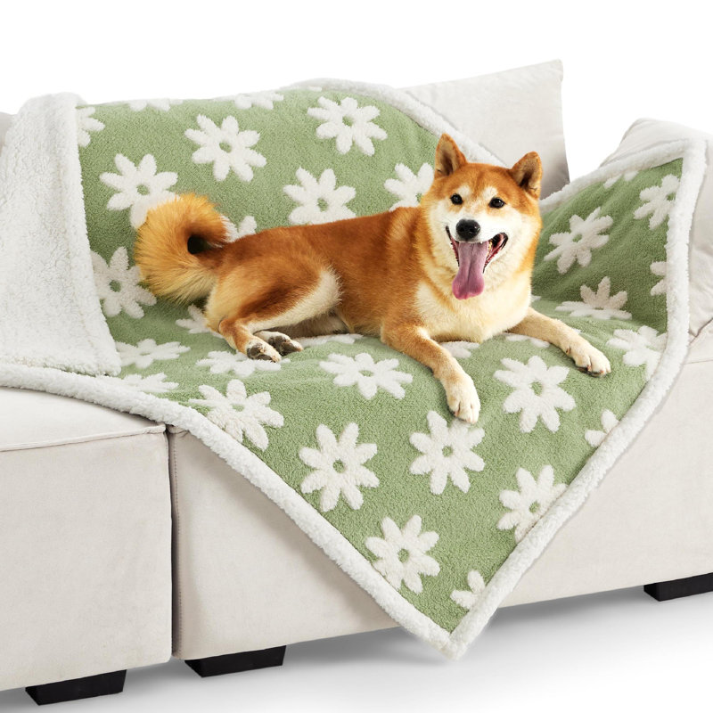 Waterproof Double-Sided Dog Blanket  - Washable Sherpa Fleece & Jacquard , Green, 40" L x 50" W