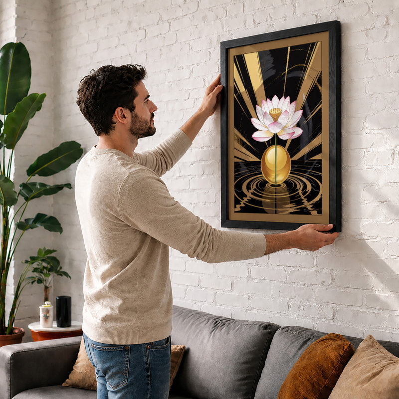 Lotus in Gold Light Japandi - Framed Print, A1 - 84.1 x 59.4 cm, Black
