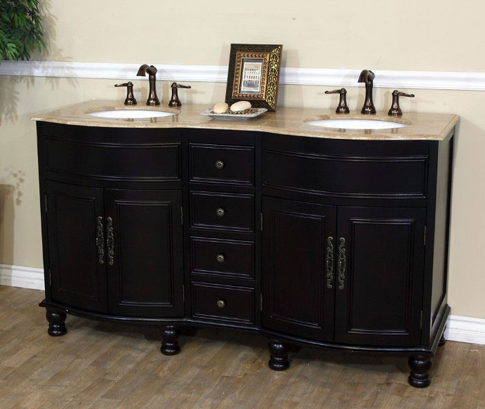 Ensemble de meuble-lavabo double 62 po Barrington, Travertin, Acajou foncé