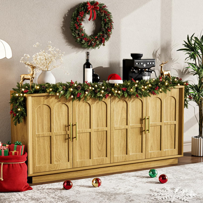 66.5'' Wood Buffet Sideboard With 4 Arched Doors, Modern Storage Cabinet, Yellow