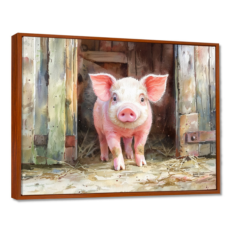 «Cute Farm Pig Portrait - Art mural encadré de cochon», 12" H x 20" W, Cadre flottant brun