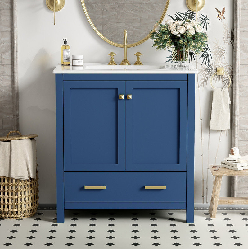 Meuble-lavabo de salle de bain bleu simple avec portes et tiroir à fermeture en douceur et armoire de rangement en bois massif