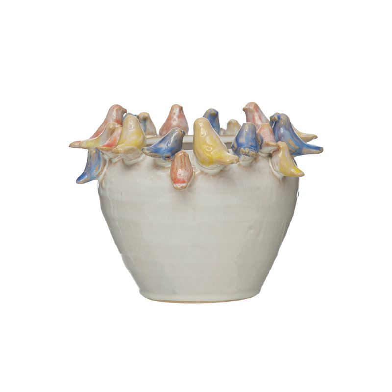 Decorative Stoneware Planter with Birds on Rim and Reactive Glaze