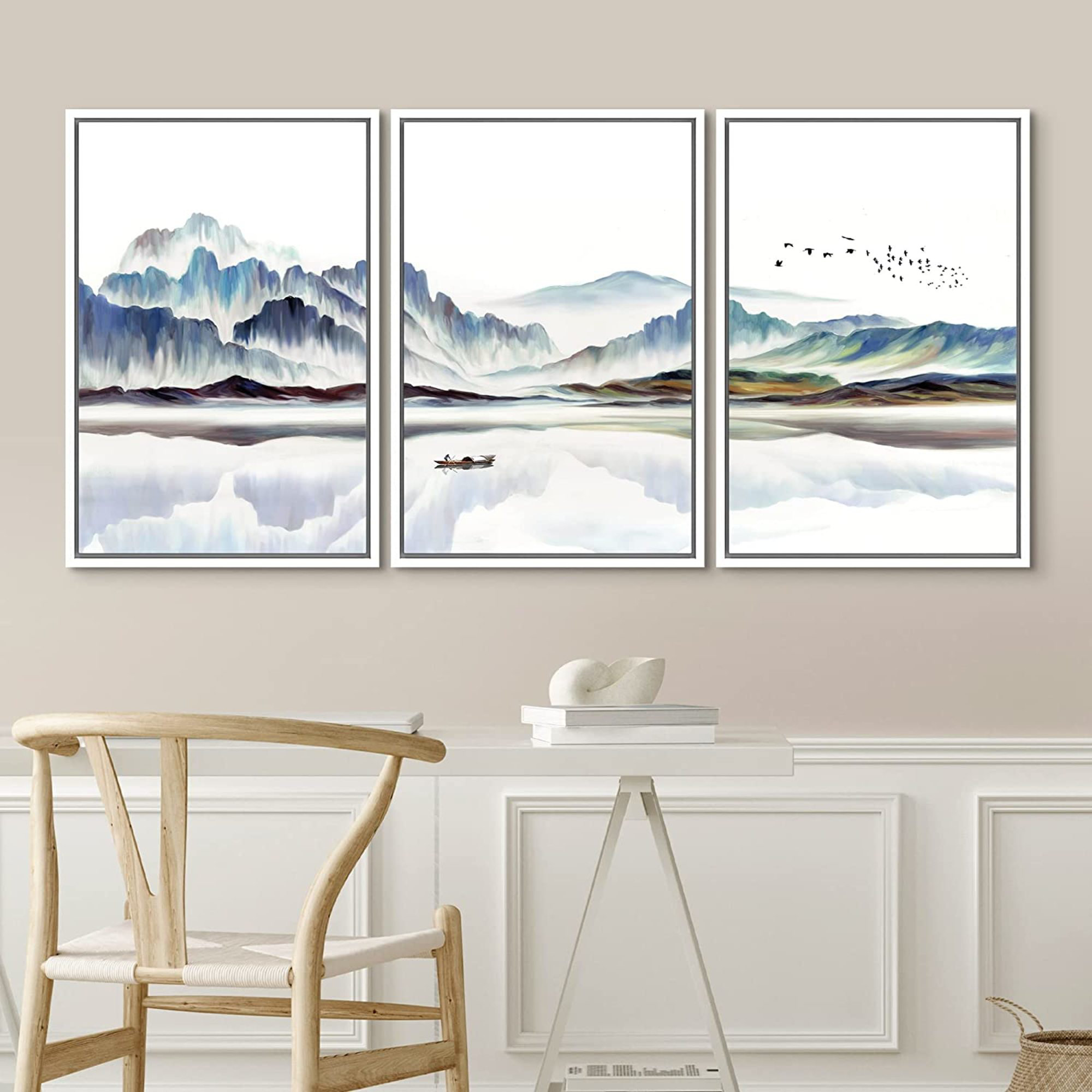 Idea4wall Framed Wall Art Print Set Watercolor Mountain Lake Landscape With  Boat Nature Wilderness Illustrations Modern Art Rustic Colorful Pastel For Living  Room, Bedroom, Office On Canvas Pieces Print  Reviews