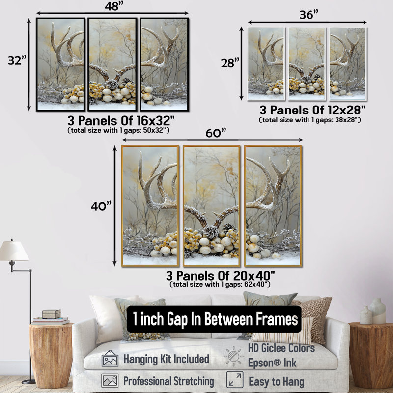Cerf doré dans un décor de Noël I, Toile avec cadre flottant brun, H 32 po x l 48 po x P 1 po
