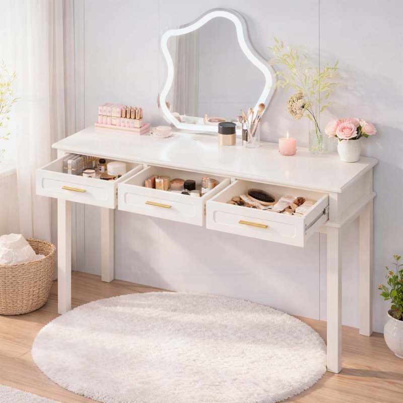 Bureau de coiffeuse blanc crème avec 3 tiroirs, coiffeuse polyvalente moderne pour le maquillage ou l'écriture, sans miroir inclus