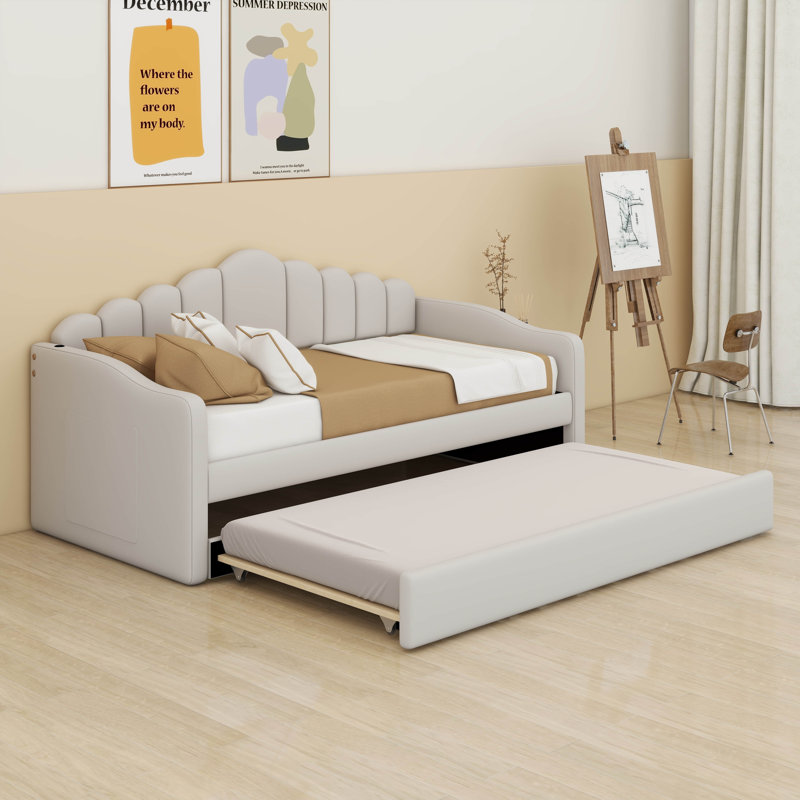 Twin Size Upholstered Daybed With Trundle,Velvet Sofabed With USB & Type-C Charging Ports, Side Storage Bag, No Box-Spring Needed