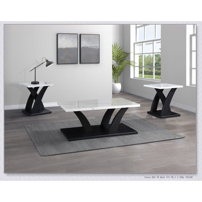 Ensemble de cocktail moderne blanc et noir 3 pièces avec plateau en faux marbre et tables de bout assorties pour un salon élégant