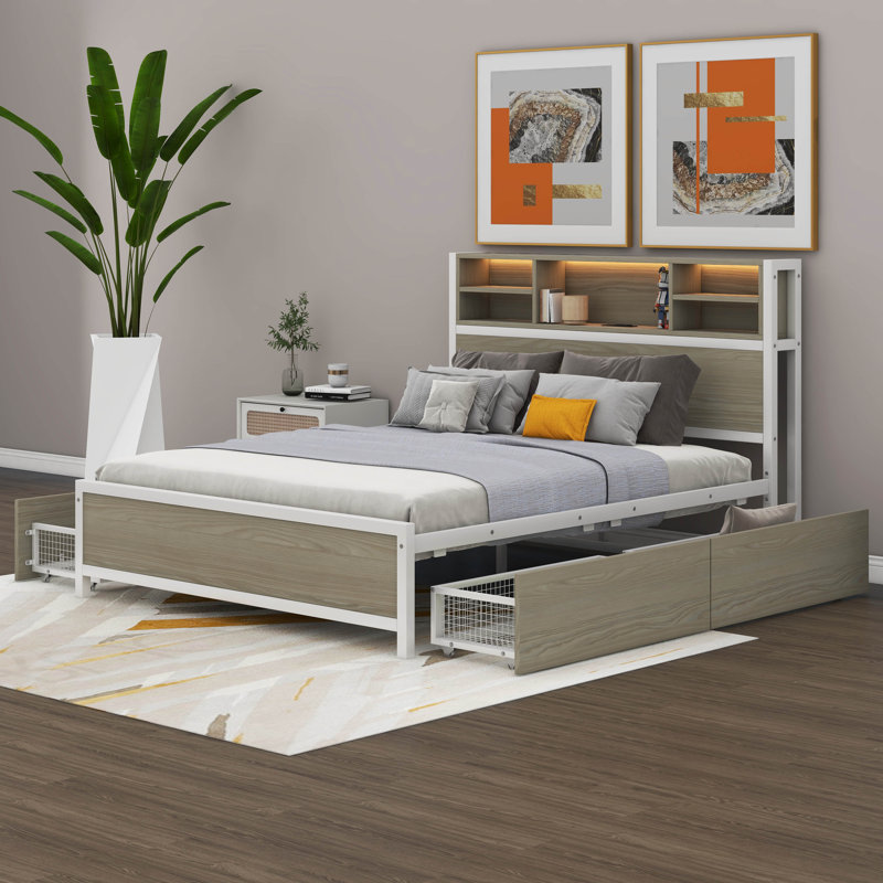 Lit plateforme avec 4 tiroirs, prises et ports USB Wido, Grand, Blanc