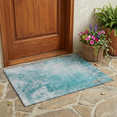 2' X 3' Teal Abstract Washable Non Skid Indoor Outdoor Area Rug