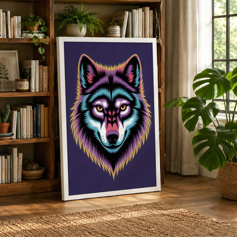 Neon Wolf Modern - Wrapped Canvas, 24x16 - 61.0 x 40.6 cm, Teal Border