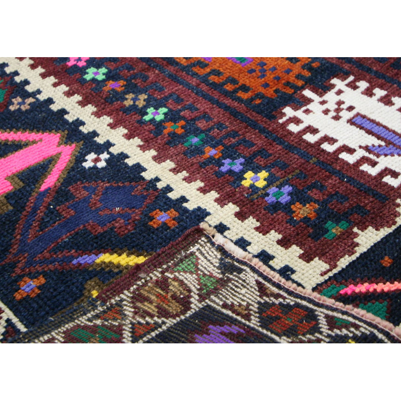One-of-a-Kind Hand-Knotted 1960s 3'10" x 10' Runner Wool Area Rug in Black/Purple/White/Pink