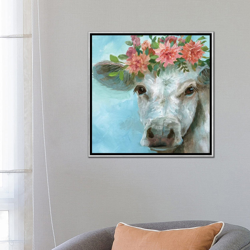 «Happy Bessie» par Nan - reproduction, H 26 po x l 26 po x P 1,5 po, Encadrement argenté
