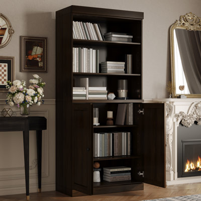 Victorya 100% Solid Wood Tall Bookcase with Doors, Adjustable Shelves, Modular Storage, Open Display Bookshelf, 32" W x 71.5" H
