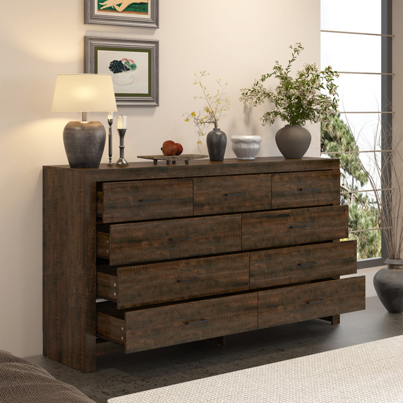 Commode à neuf tiroirs de style rustique, Brun