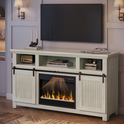 60 inch Fireplace TV Stand for TVs up to 65 inch, LED Media Console Entertainment Center with 23" Electric Fireplace Heater & Storage Cabinet With Adjustable Shelves