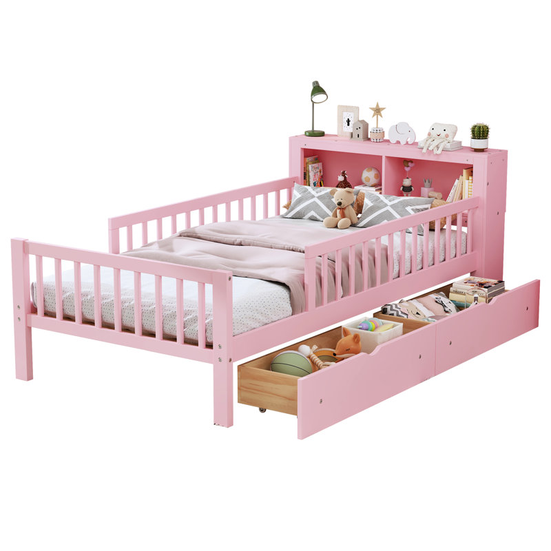 Superbe lit simple rose avec garde-corps robustes et espace de rangement pour la tête de lit, Rose