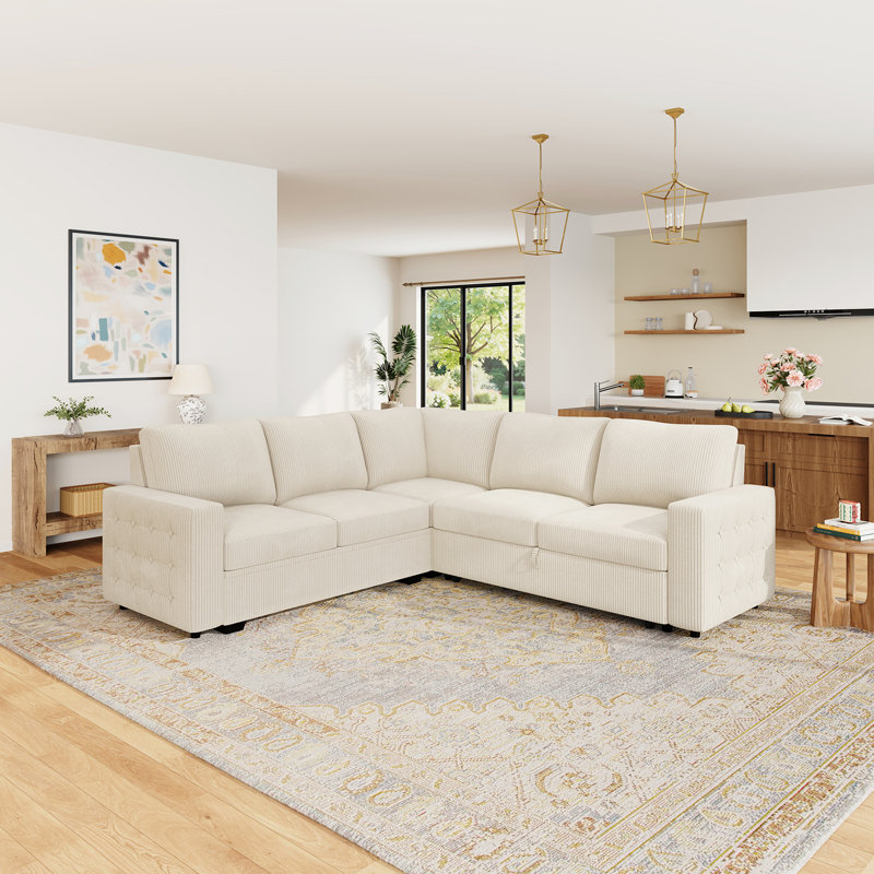 Brunella L-shaped Corner Sectional Sofa Bed with Pull-Out Bed, Beige Corduroy