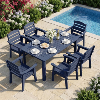 Ensemble de salle à manger 7 pièces en PEHD d'extérieur, table de patio toutes saisons et chaises avec trou pour parasol, peu d'entretien pour la véranda, cour arrière
