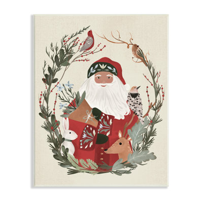 Père Noël, vacances, faune, feuille, bordure botanique, encadré noir, art texturé par Laura Konyndyk