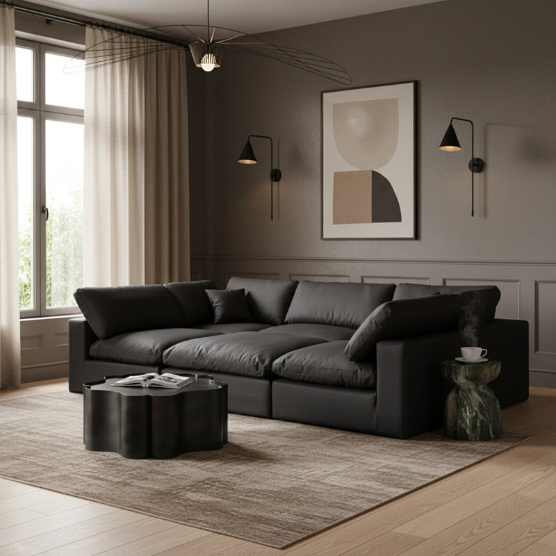 Canapé modulaire réversible de 120 po en similicuir de large avec repose-pieds, Cuir végétalien noir