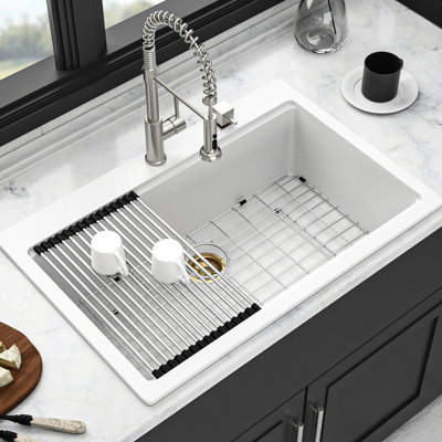 33" X 22" White Composite Workstation Kitchen Sink, Drop - In, Quiet And Strong, Rounded Corners, Drying Roll Up Rack, Bottom Grid Operation, Easy Wiping, Strainers