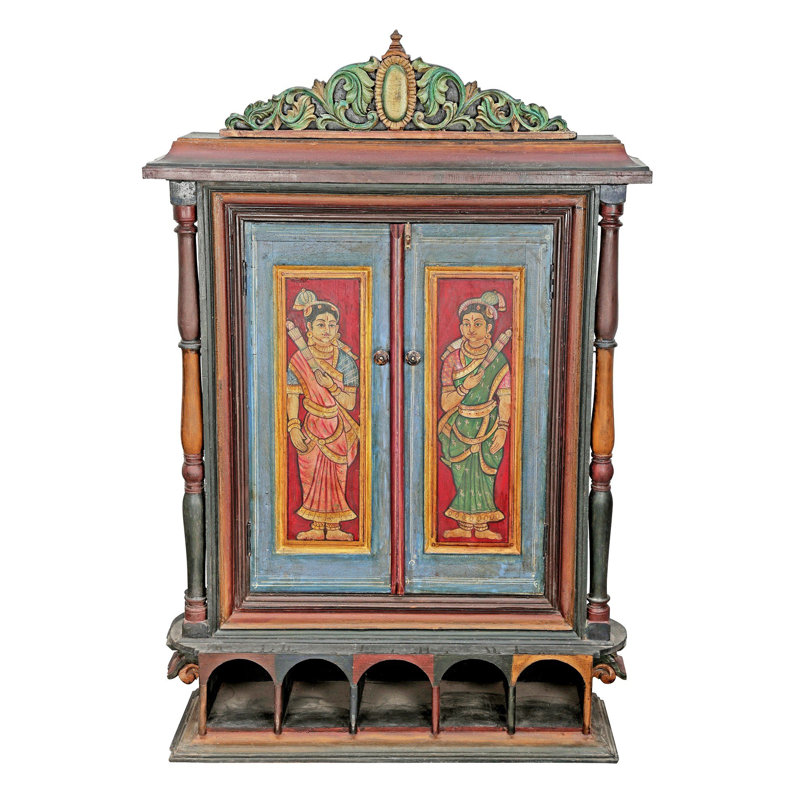Glorieuse peinture Gajalakshmi Tanjore avec un grand cadre de porte en bois traditionnel | Couleurs traditionnelles