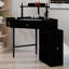 Bureau de coiffeuse d'angle triangulaire avec station de charge, tabouret rembourré, armoire latérale coulissante, plateau de table en verre, tiroir et tablette