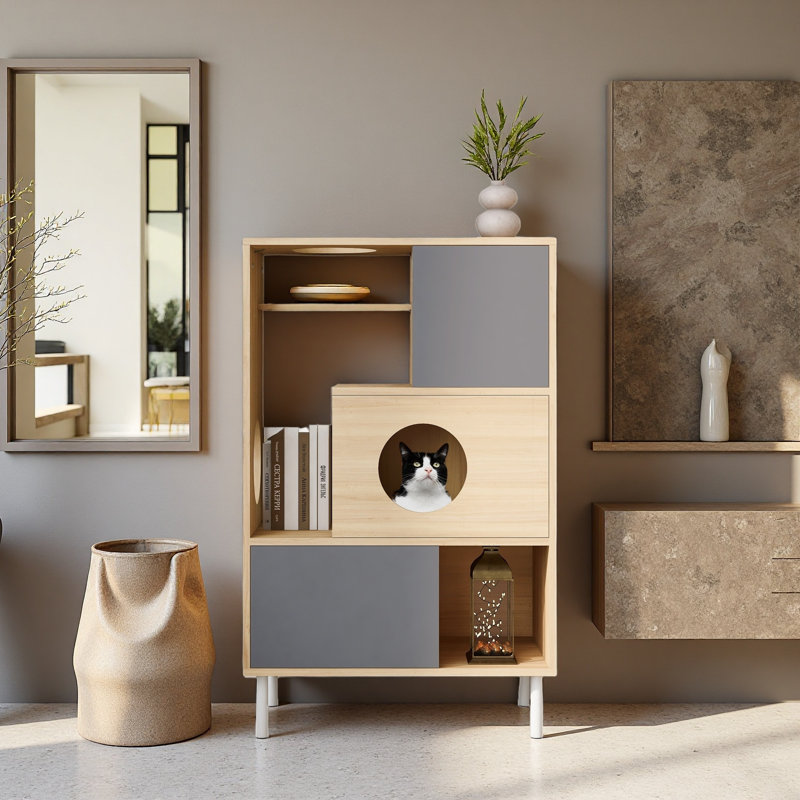 Bibliothèque moderne 2 en 1 avec bac à litière, bibliothèque pour arbre à chat avec rangement