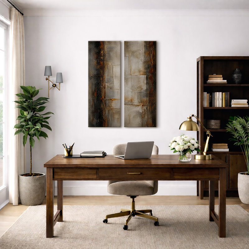 Décoration murale moderne : ensemble de 2 toiles encadrées, motif géométrique abstrait brun et noir rustique aux formes neutres et industrielles – 81 x 30 x 5 cm