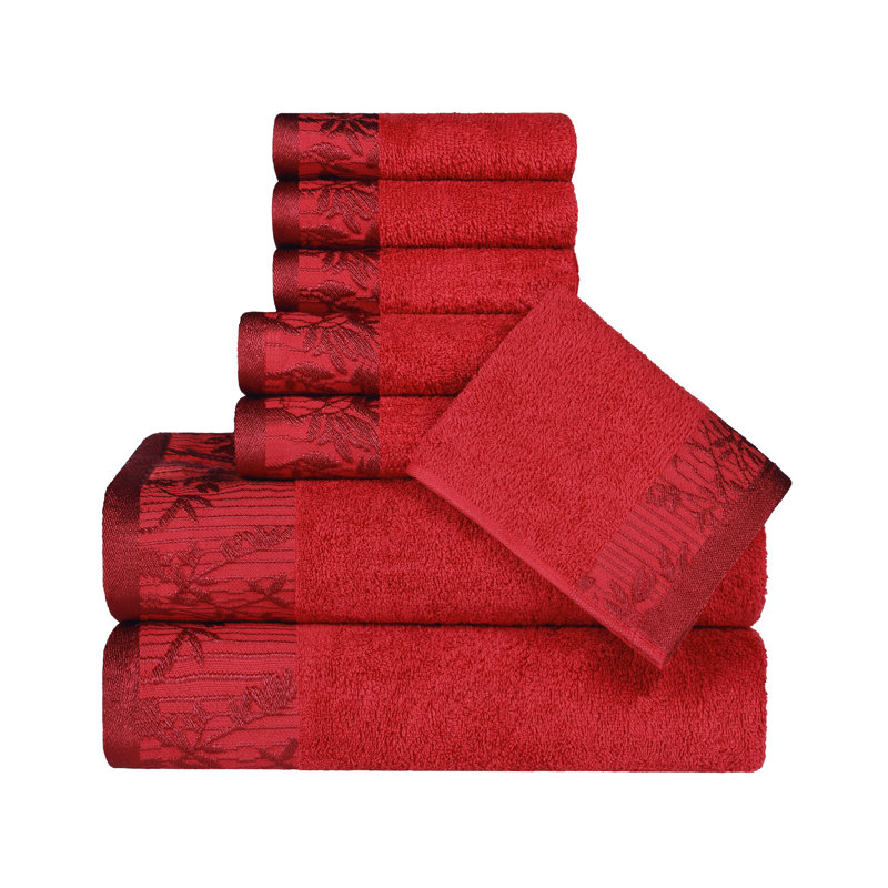 Ensemble de serviettes de bain en coton de poids moyen à bordure florale en jacquard pour la salle de bain Carinna, Grenat