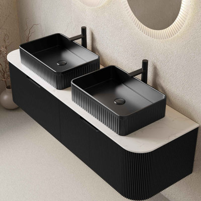 Meuble-lavabo de salle de bain 60 po avec lavabo, armoire de rangement murale rayée à bords arrondis avec 2 tiroirs, 2 lavabos rectangulaires en céramique, sans robinet, pré-assemblée