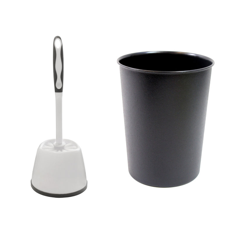  Toilet Brush and White Plastic Bin - White, Black