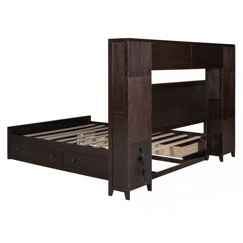 Lit en bois avec armoire et tablette tout-en-un, Espresso, Grand lit