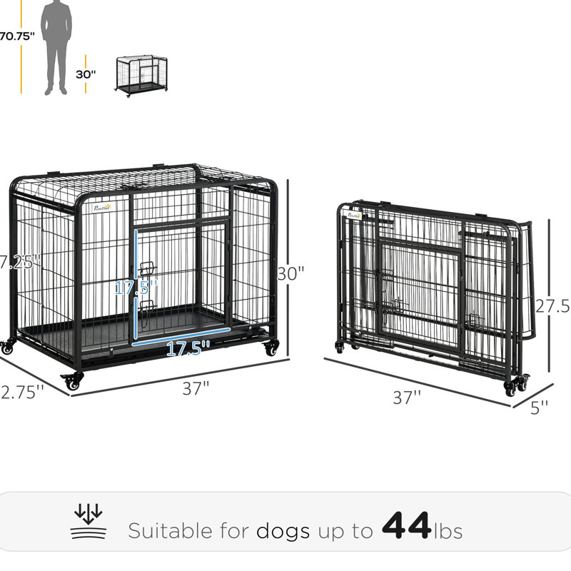 Cage pour chien en métal, pliable de 37 po avec plateau et couvercle amovibles, 4 roulettes verrouillables pour une mobilité intérieure / extérieure en douceur, chenil robuste à cadre robuste, option de pliage, utilisation pratique, construction solide