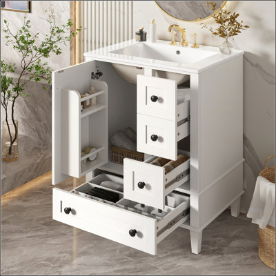 Meuble-lavabo blanc de 24 po avec lavabo en céramique, tiroirs à fermeture en douceur et rangement de porte double couche
