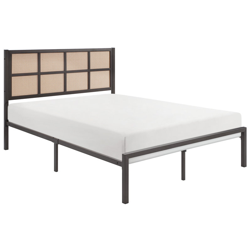 Grand lit plateforme en métal foncé bronze, tête de lit en fausse canne pour la décoration de la chambre à coucher, Queen