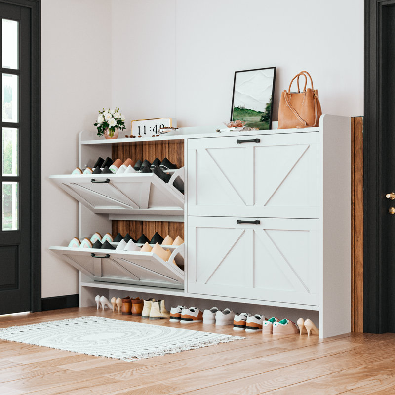 Large Shoe Storage Cabinet With 4 Flip Drawers, White