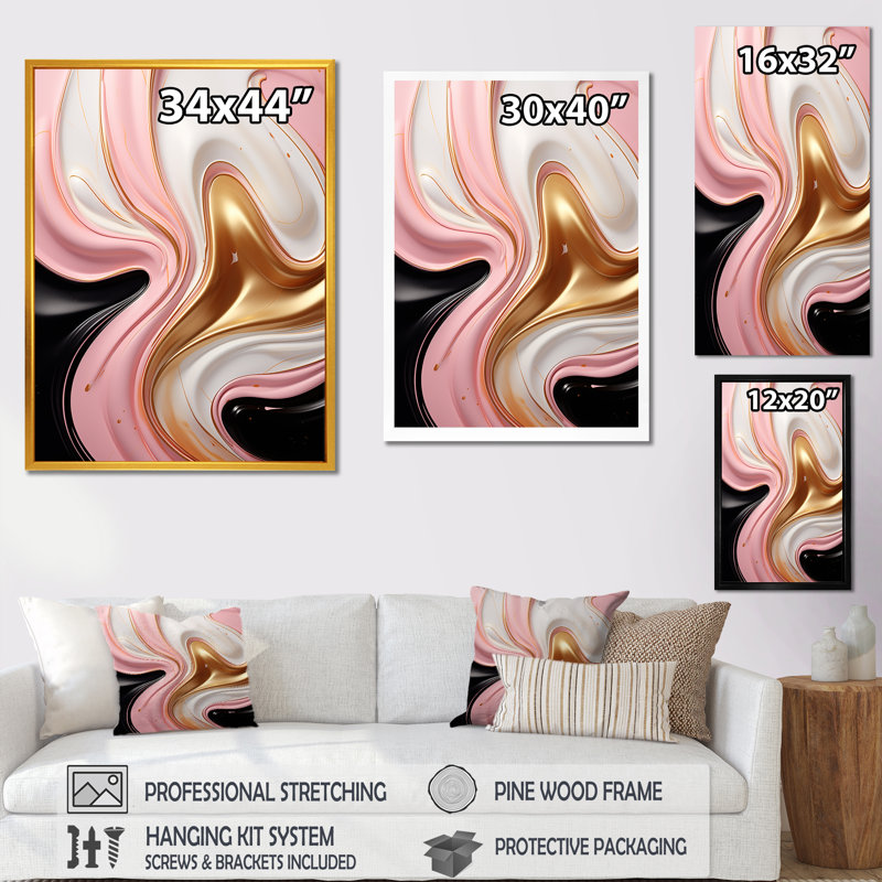 Art rétro liquide glam en rose, blanc et noir - formes abstraites, impressions d'art mural, Cadre flottant doré