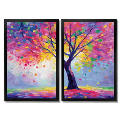 «Vibrant Tree of Life Forest», art mural grand arbre, impression sur toile nature rose 2 pièces
