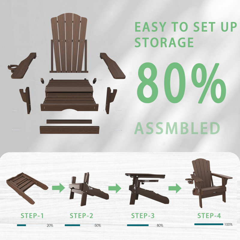 Folding Adirondack Chair With Cup Holder,HDPE Outdoor Chair With Comfort Ergonomic Seat For Patios,Lawn,Garden, Backyard Use