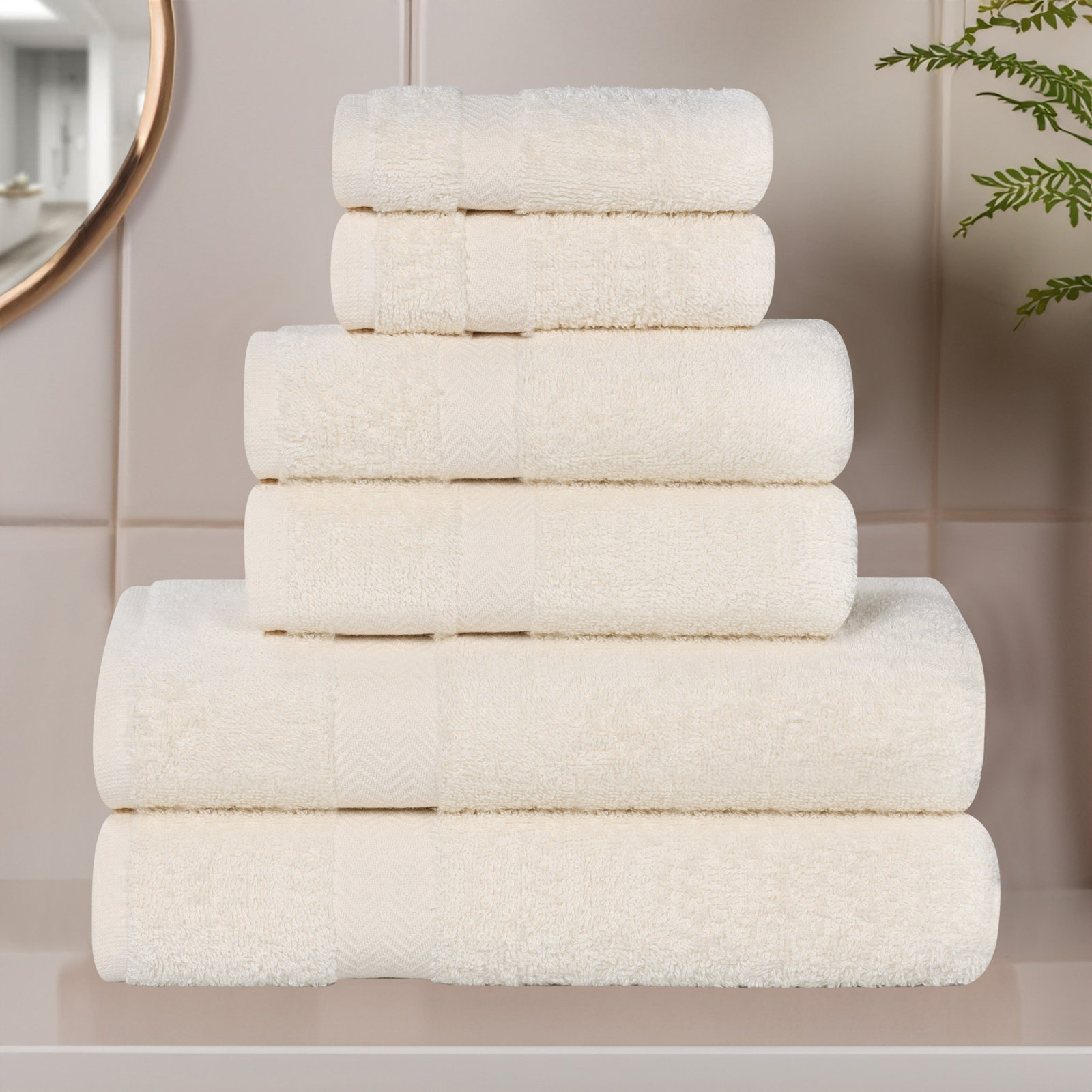 Quick-Drying Cotton Washcloth, Ivory, 6 Pieces Towel Set