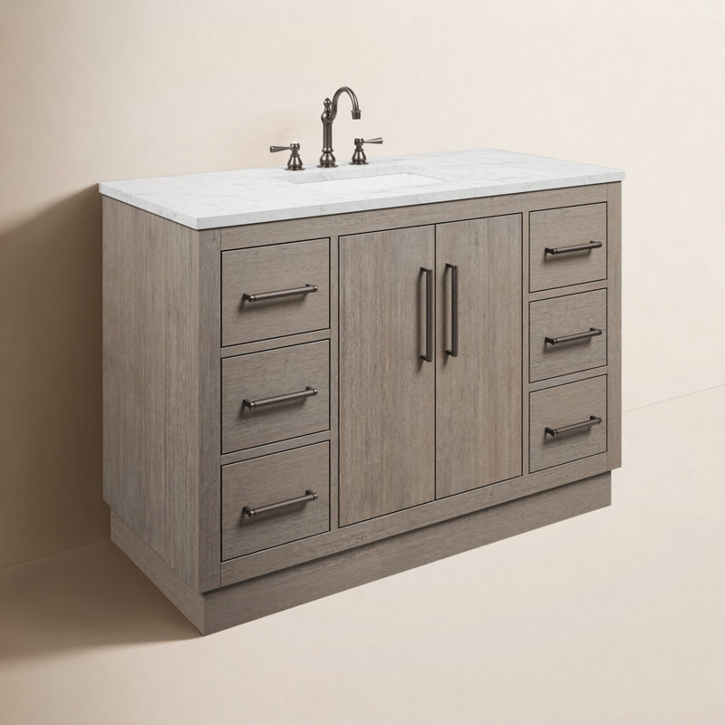 Hugo 48 In. Single Sink Carrara White Marble Countertop Vanity In Grey Oak With Hook Faucet, Oil rubbed bronze