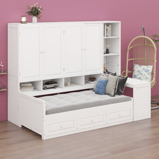 Wooden Daybed With Three Drawers, And All-In-One Cabinet, Desk And Shelves