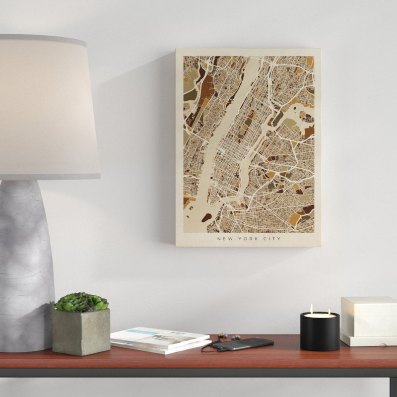 «New York City Street Map Brown» par MIchael Tompsett, reproduction d'art graphique sur toile, H 24 po x l 18 po x P 2 po