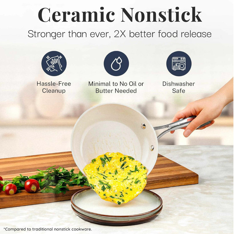 Batterie de cuisine antiadhésive en céramique martelée 10 pièces Gotham Steel, Crème