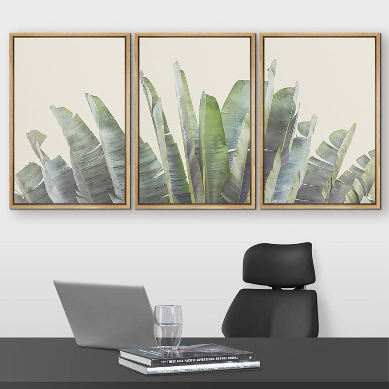 Minimal Botanical Green Tropical Jungle Banana Leaf Collage Floral Botanical Framed On Canvas 3 Pieces Print Wall Art, Brown