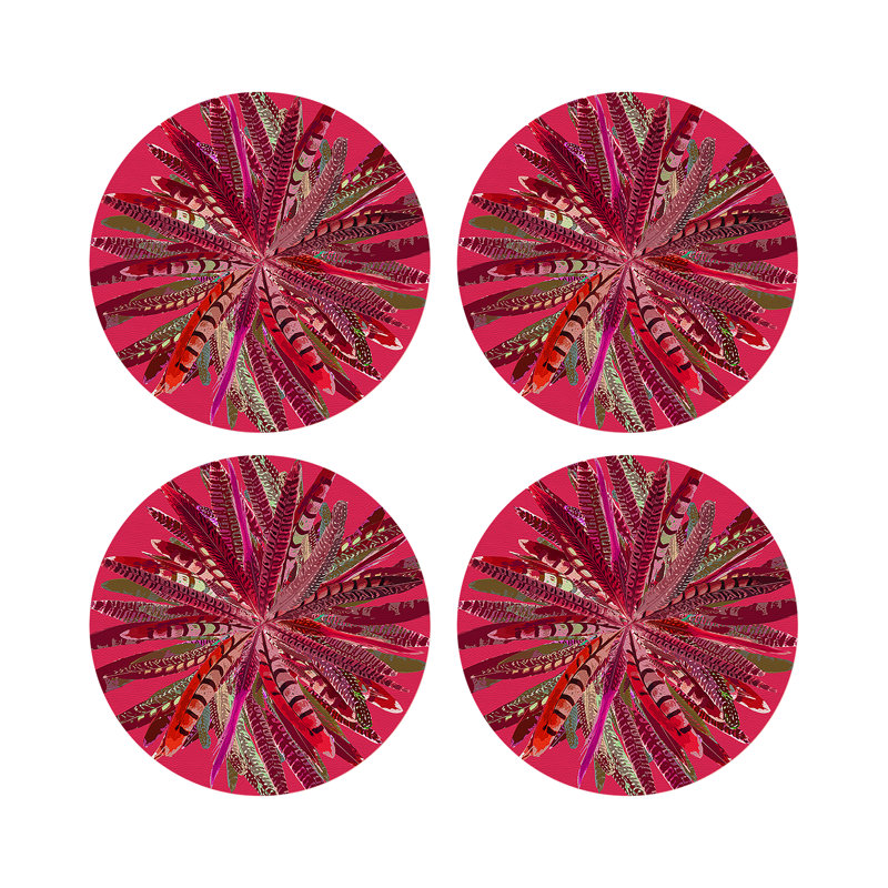 Pheasant Feathers Yellow Vegan Leather Round Coasters, Plum