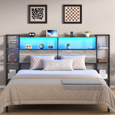 Metal Headboard For Bed With Storage Shelves, Headboards With Charging Station & LED Lights For Bedroom